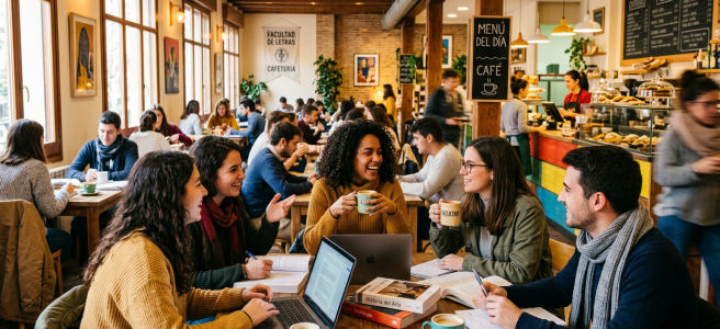 Students study and socialize over coffee in a university cafeteria